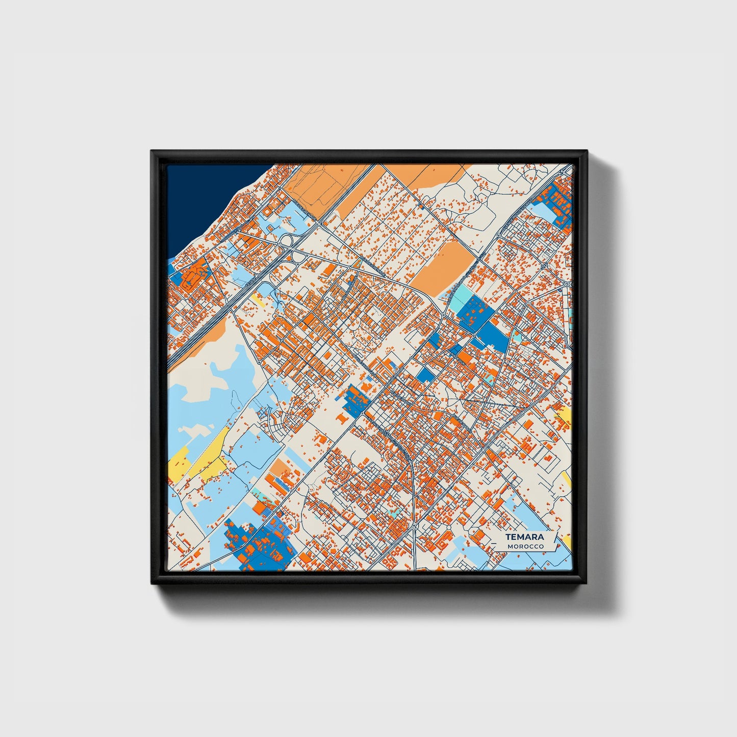 Temara Morocco Colorful City Map Canvas Print • Black Framed
