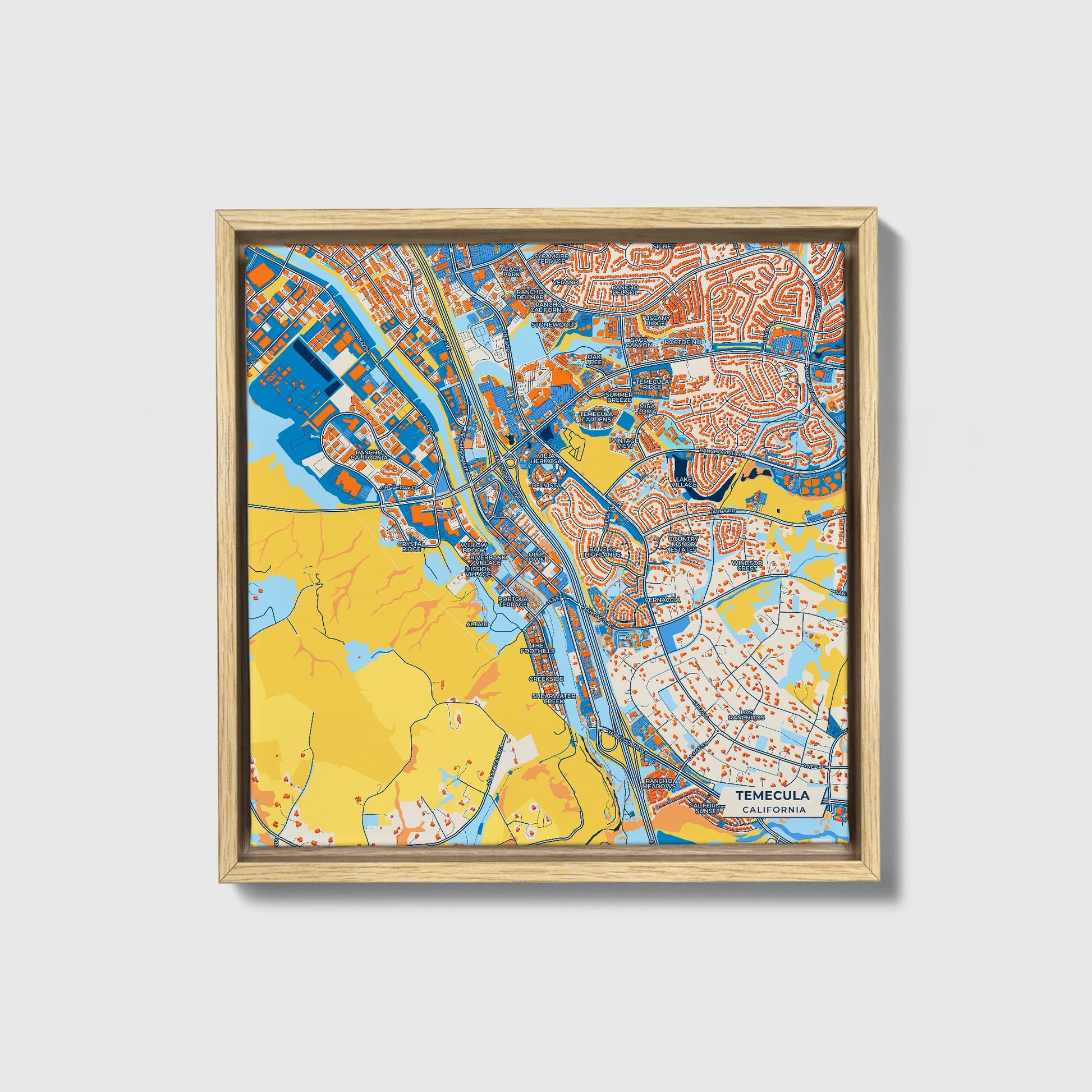 Temecula California Colorful City Map Canvas Print • Natural Wooden Framed