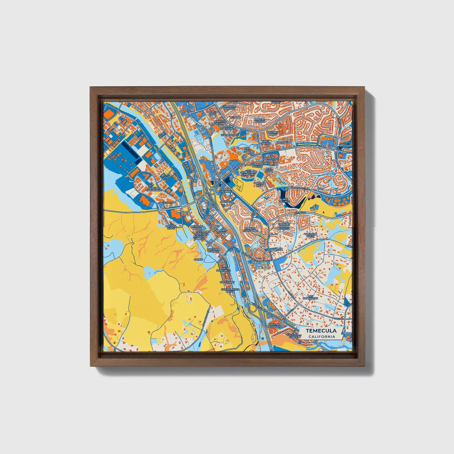Temecula California Colorful City Map Canvas Print • Dark Wooden Framed