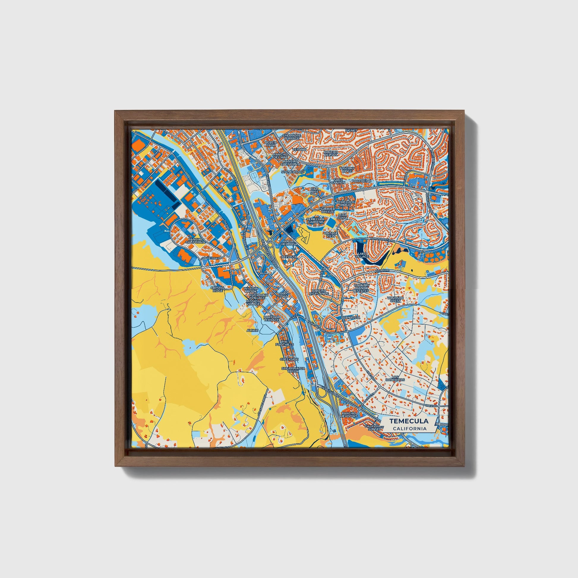 Temecula California Colorful City Map Canvas Print • Dark Wooden Framed