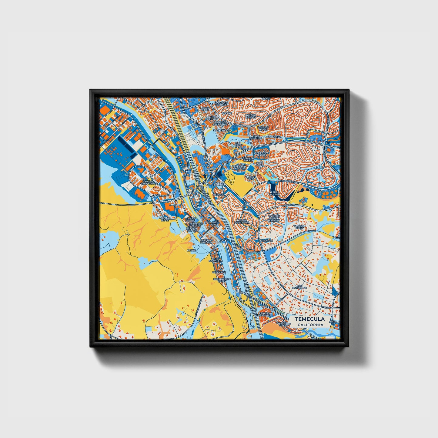 Temecula California Colorful City Map Canvas Print • Black Framed