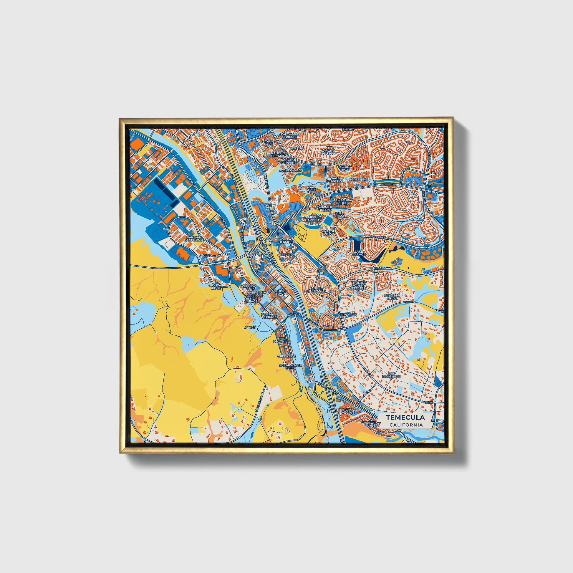 Temecula California Colorful City Map Canvas Print • Gold Framed