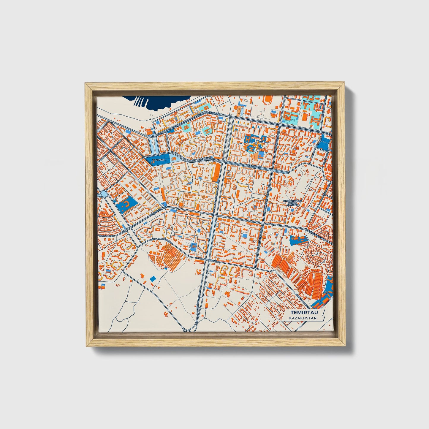 Temirtau Kazakhstan Colorful City Map Canvas Print • Natural Wooden Framed