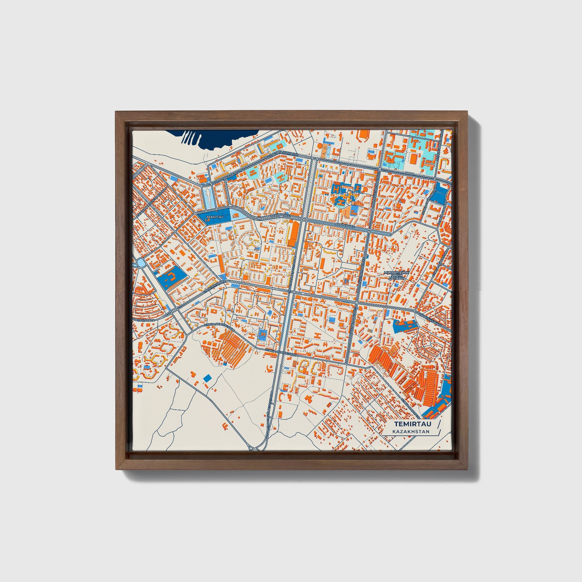 Temirtau Kazakhstan Colorful City Map Canvas Print • Dark Wooden Framed