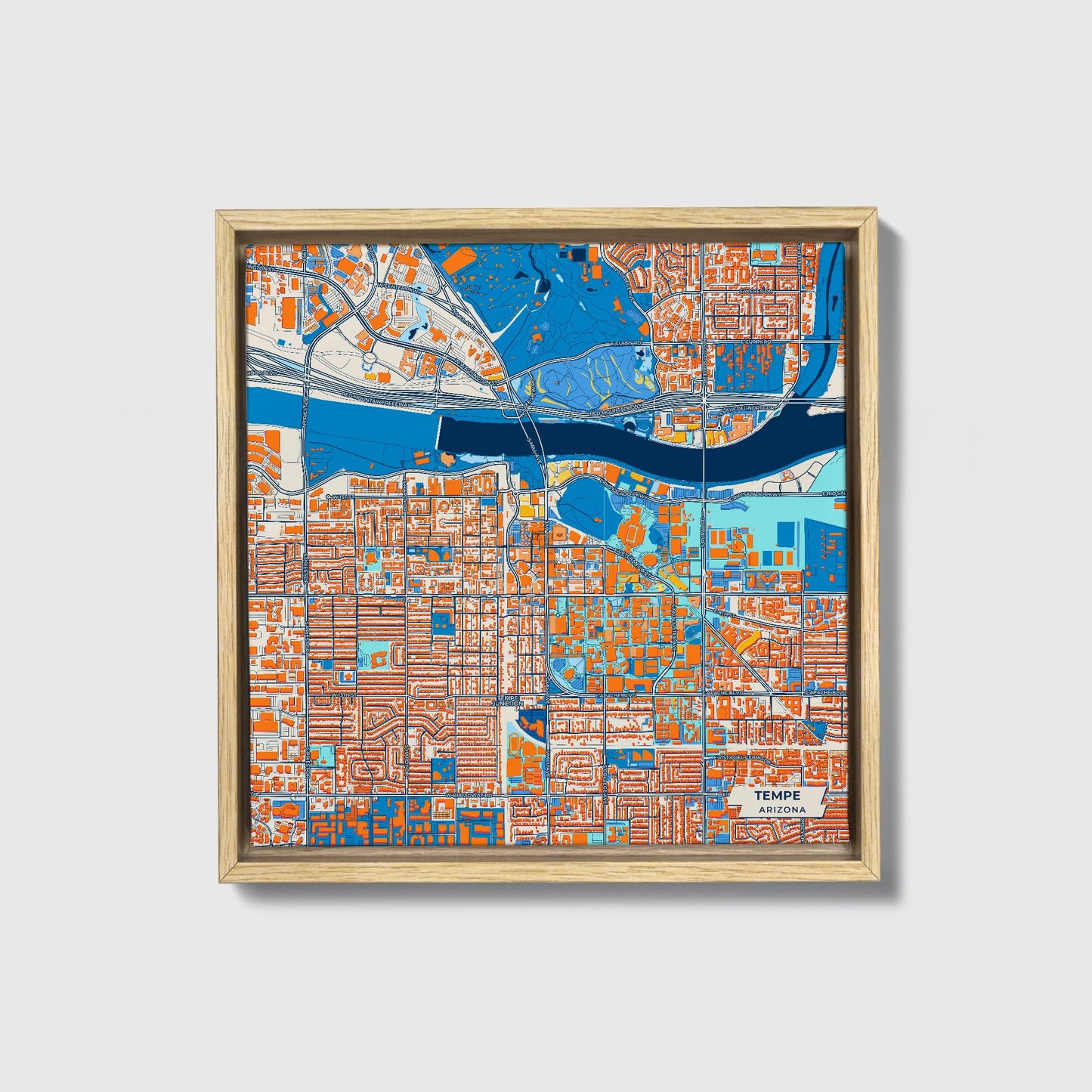 Tempe Arizona Colorful City Map Canvas Print • Natural Wooden Framed