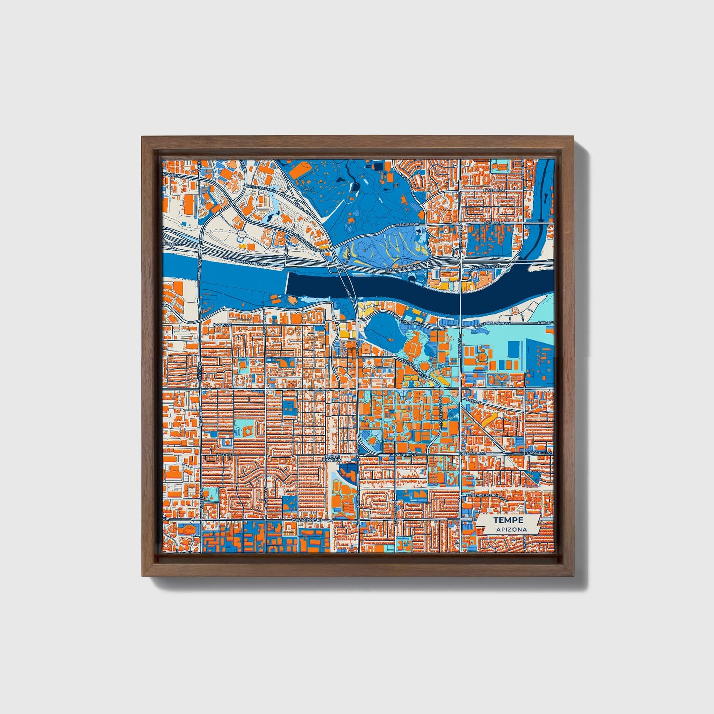 Tempe Arizona Colorful City Map Canvas Print • Dark Wooden Framed