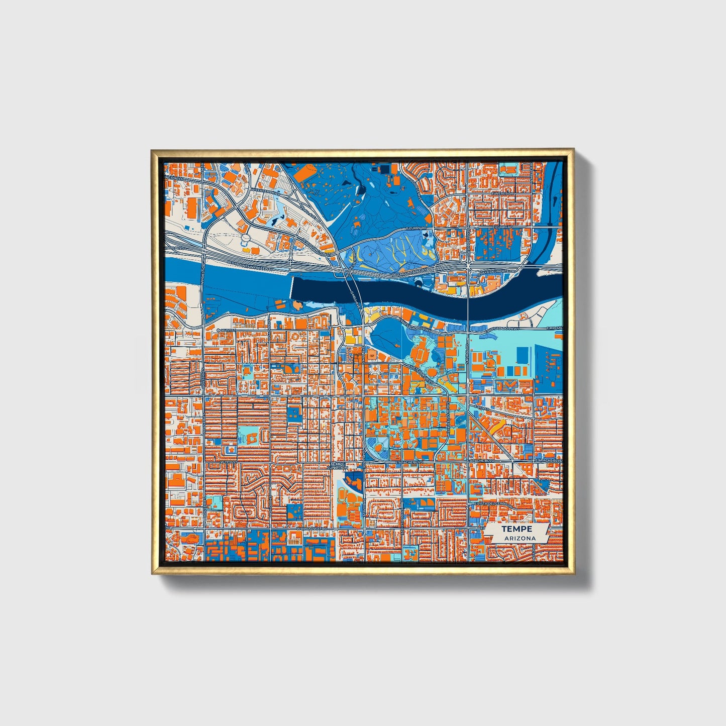 Tempe Arizona Colorful City Map Canvas Print • Gold Framed