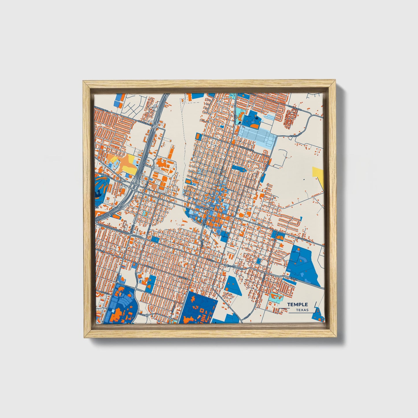 Temple Texas Colorful City Map Canvas Print • Natural Wooden Framed
