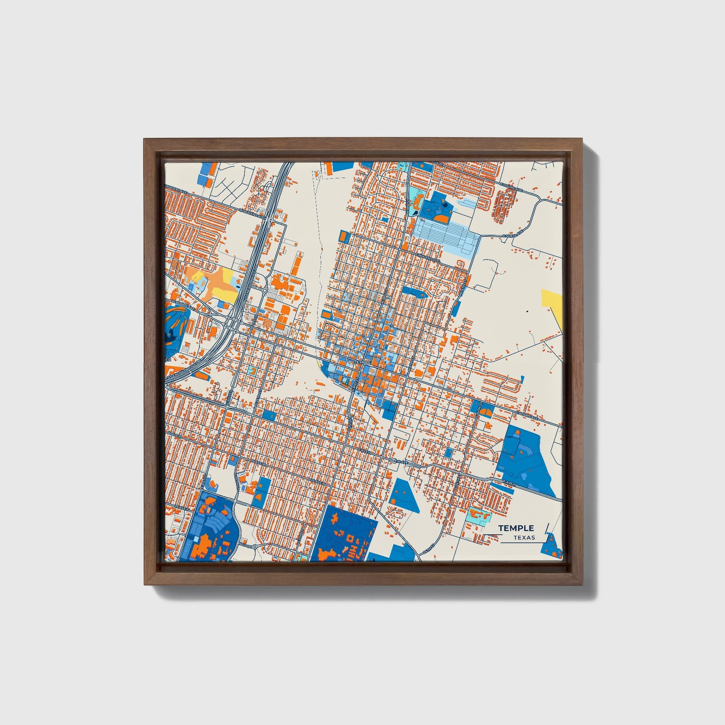 Temple Texas Colorful City Map Canvas Print • Dark Wooden Framed