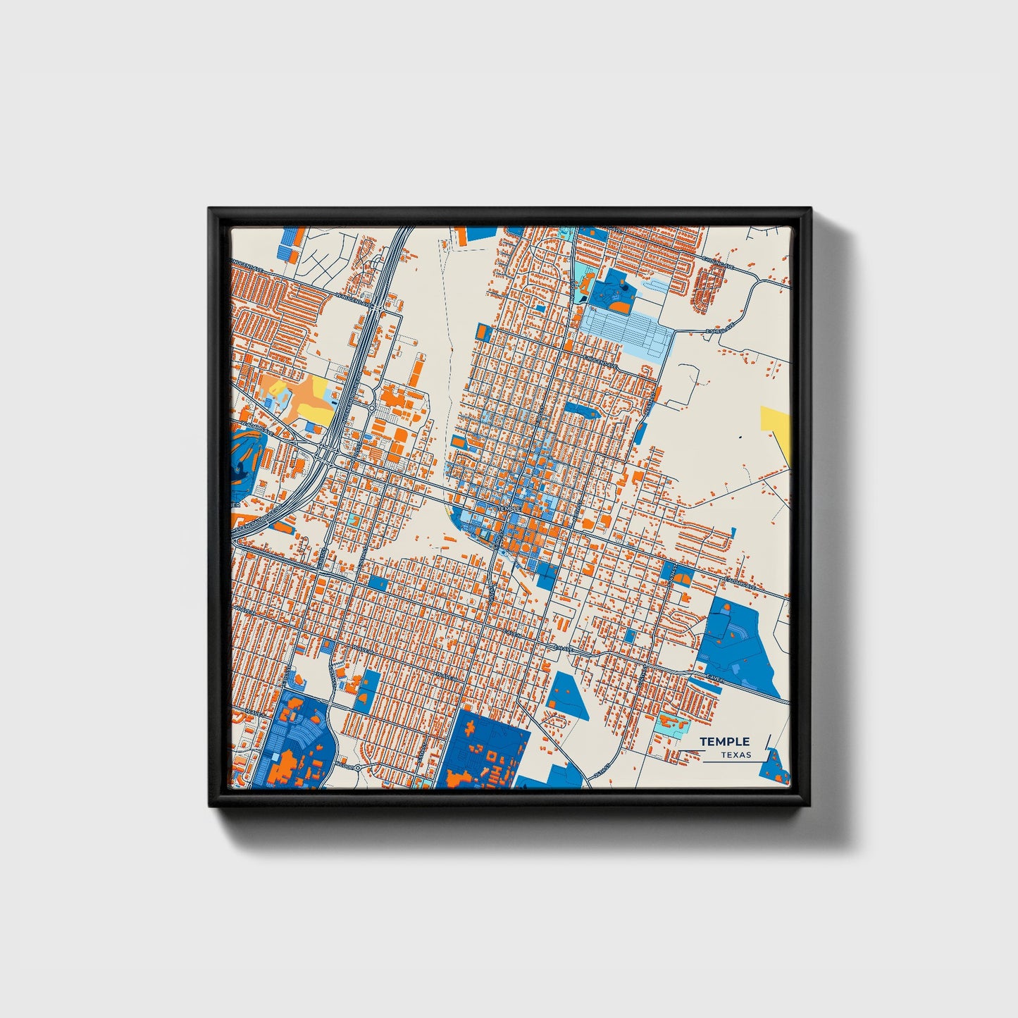 Temple Texas Colorful City Map Canvas Print • Black Framed