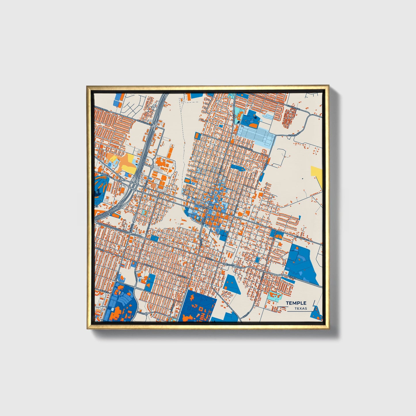 Temple Texas Colorful City Map Canvas Print • Gold Framed