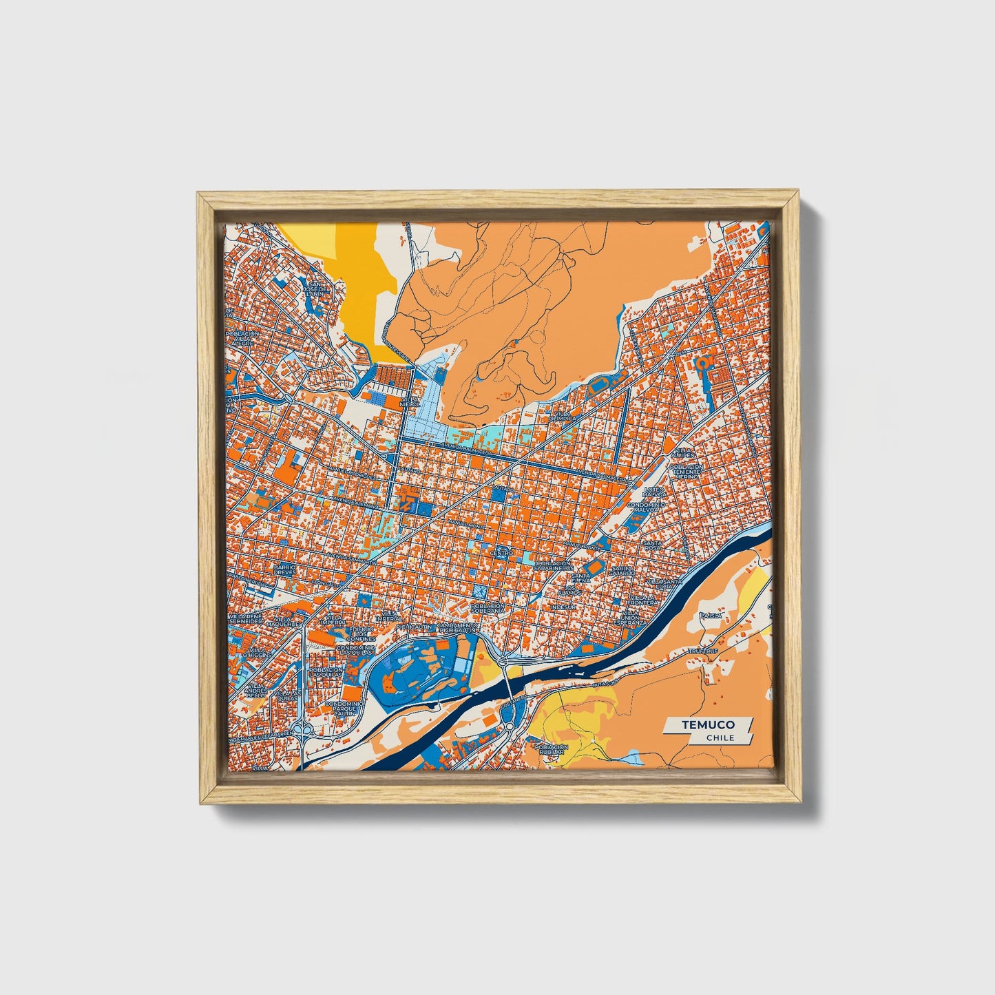 Temuco Chile Colorful City Map Canvas Print • Natural Wooden Framed