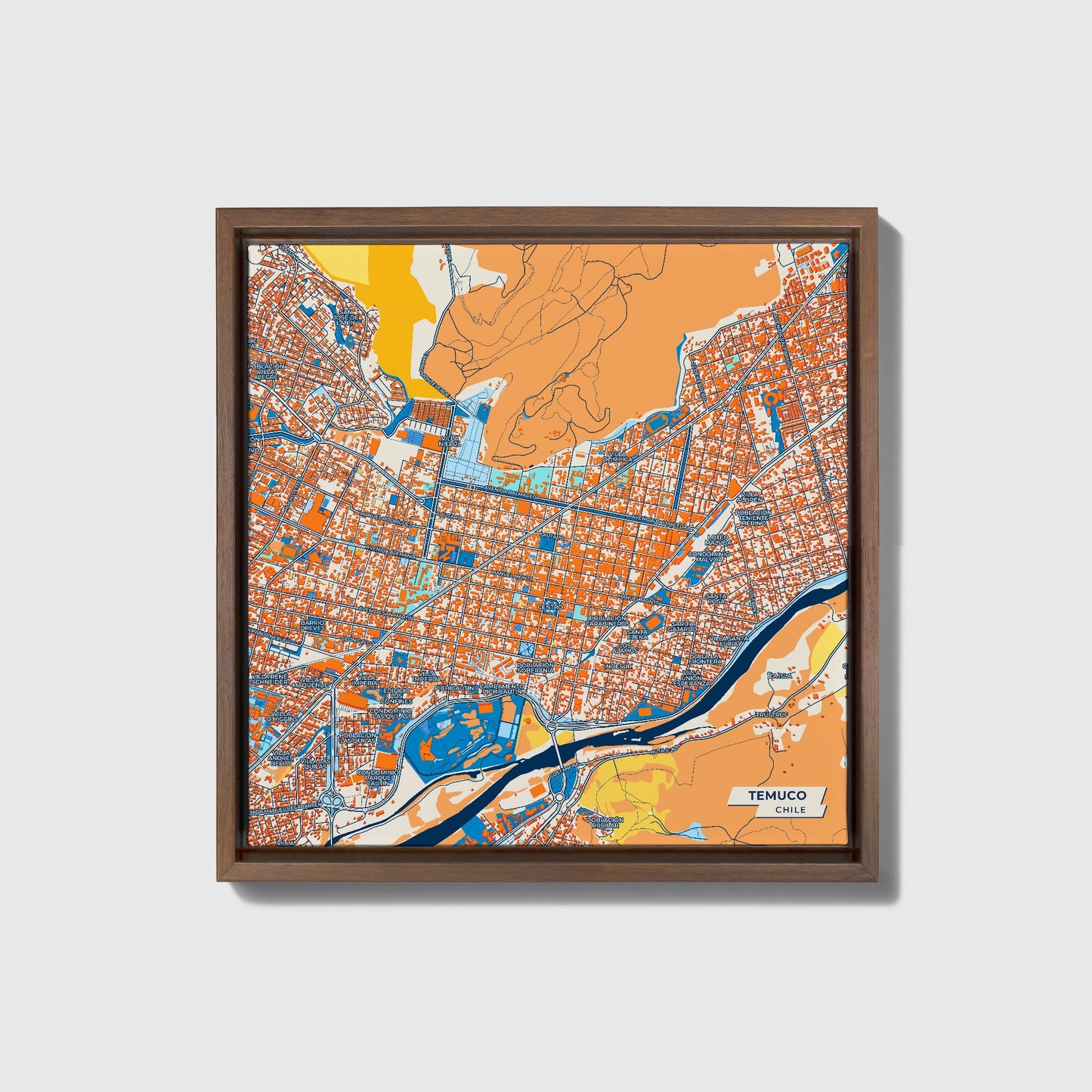 Temuco Chile Colorful City Map Canvas Print • Dark Wooden Framed