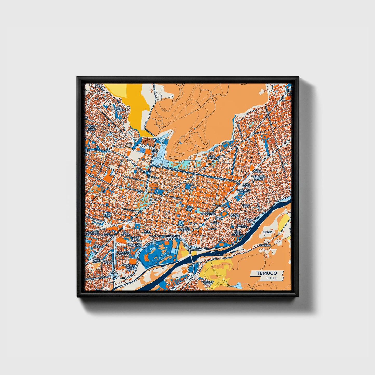 Temuco Chile Colorful City Map Canvas Print • Black Framed