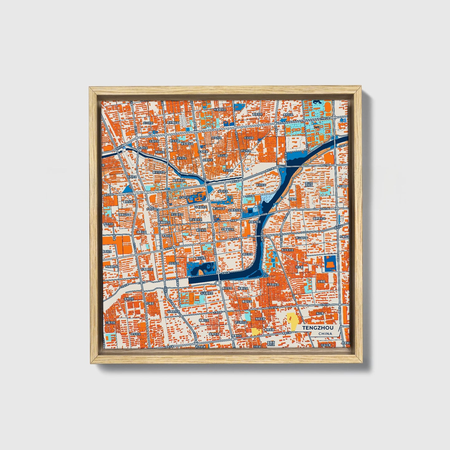 Tengzhou China Colorful City Map Canvas Print • Natural Wooden Framed