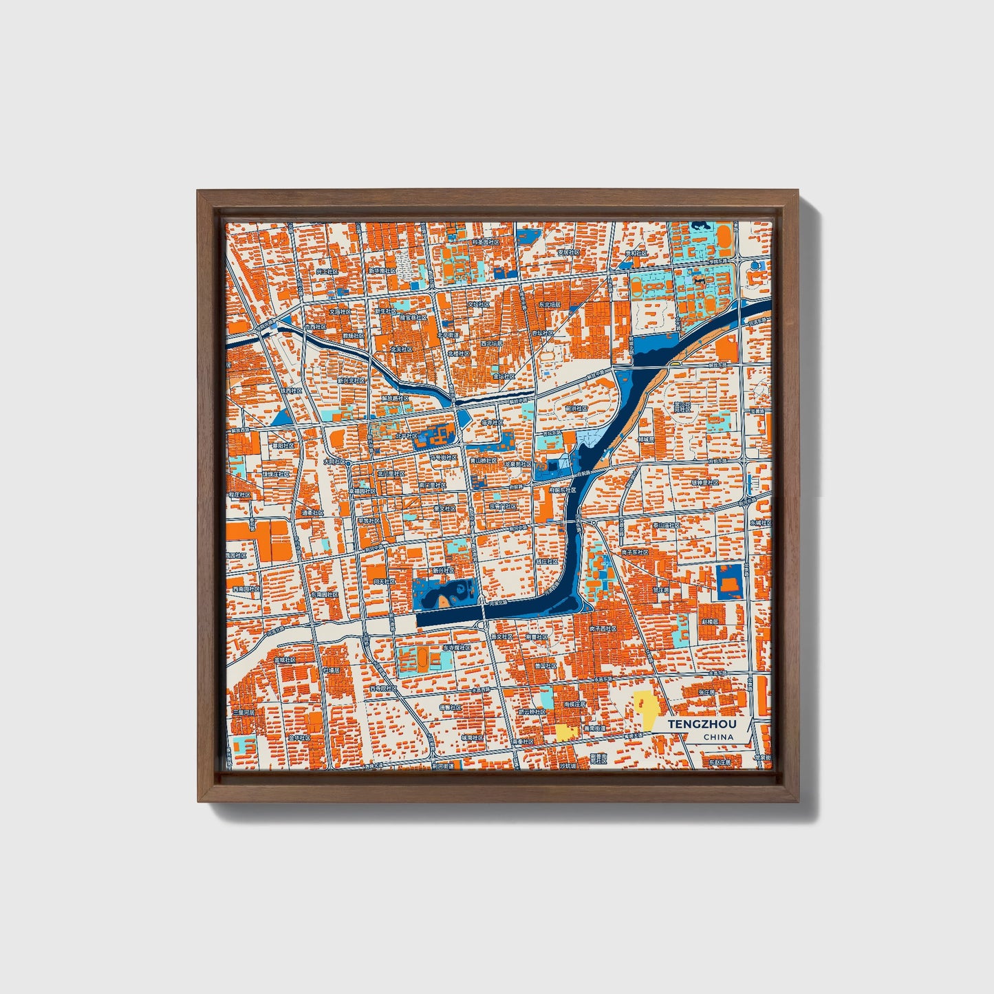 Tengzhou China Colorful City Map Canvas Print • Dark Wooden Framed