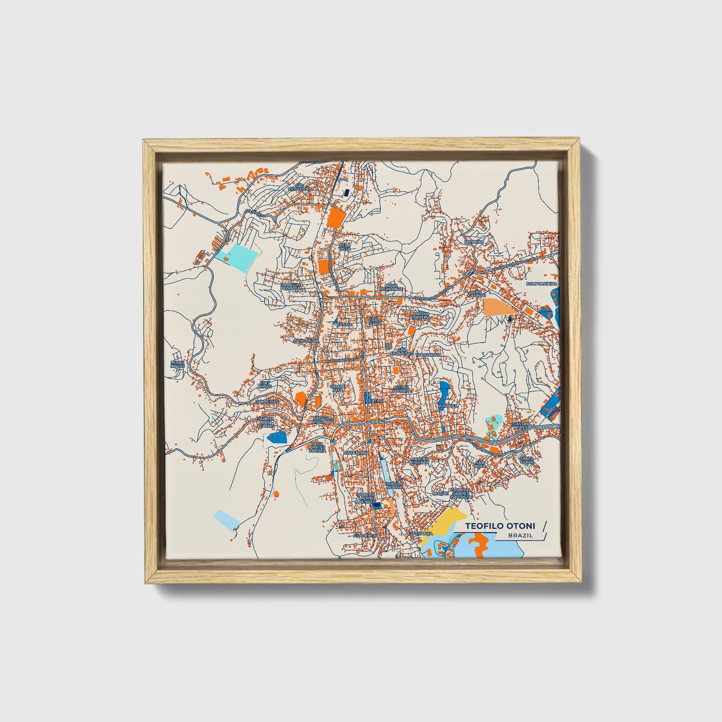 Teofilo Otoni Brazil Colorful City Map Canvas Print • Natural Wooden Framed
