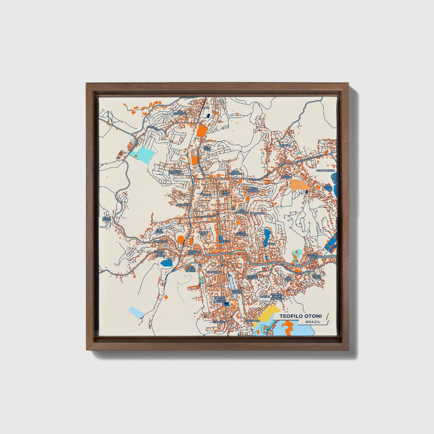 Teofilo Otoni Brazil Colorful City Map Canvas Print • Dark Wooden Framed