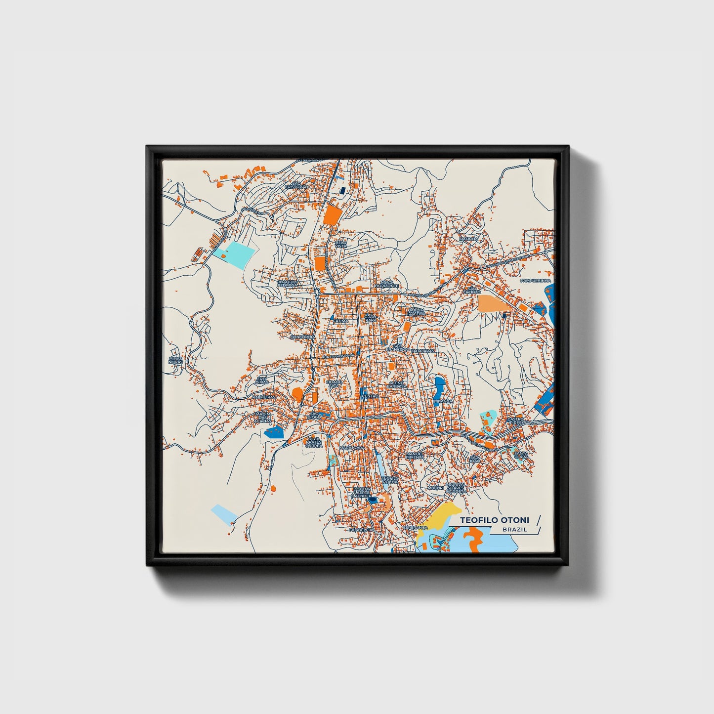 Teofilo Otoni Brazil Colorful City Map Canvas Print • Black Framed