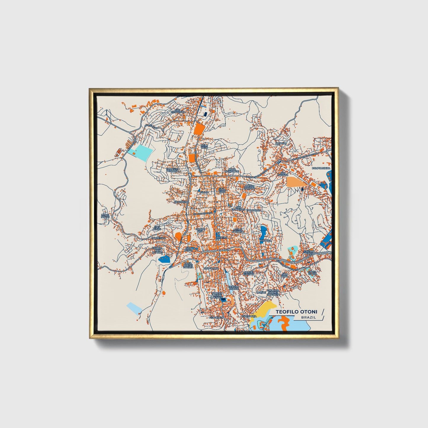Teofilo Otoni Brazil Colorful City Map Canvas Print • Gold Framed
