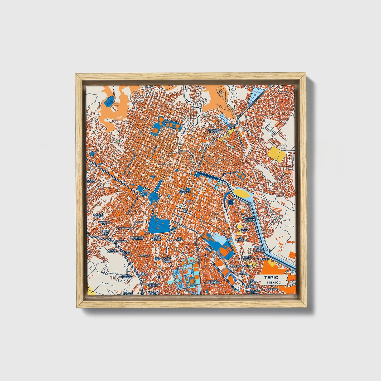 Tepic Mexico Colorful City Map Canvas Print • Natural Wooden Framed