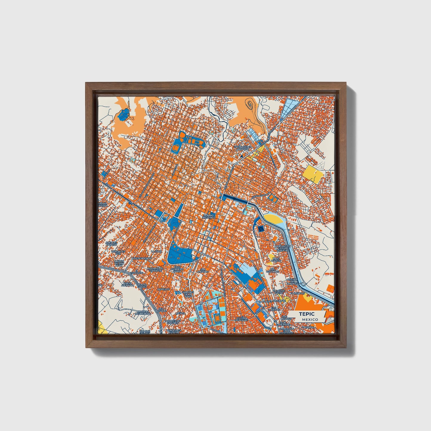 Tepic Mexico Colorful City Map Canvas Print • Dark Wooden Framed