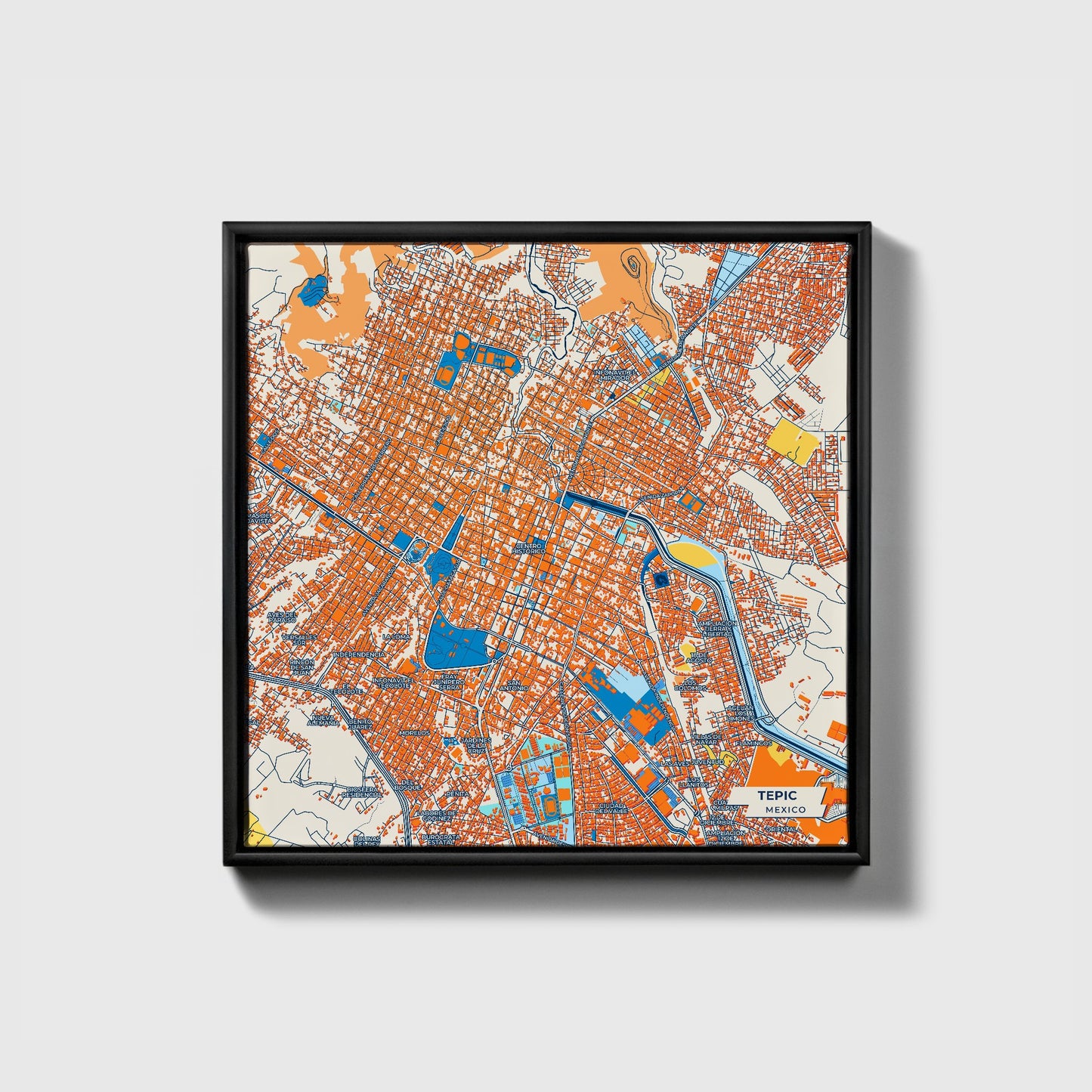 Tepic Mexico Colorful City Map Canvas Print • Black Framed