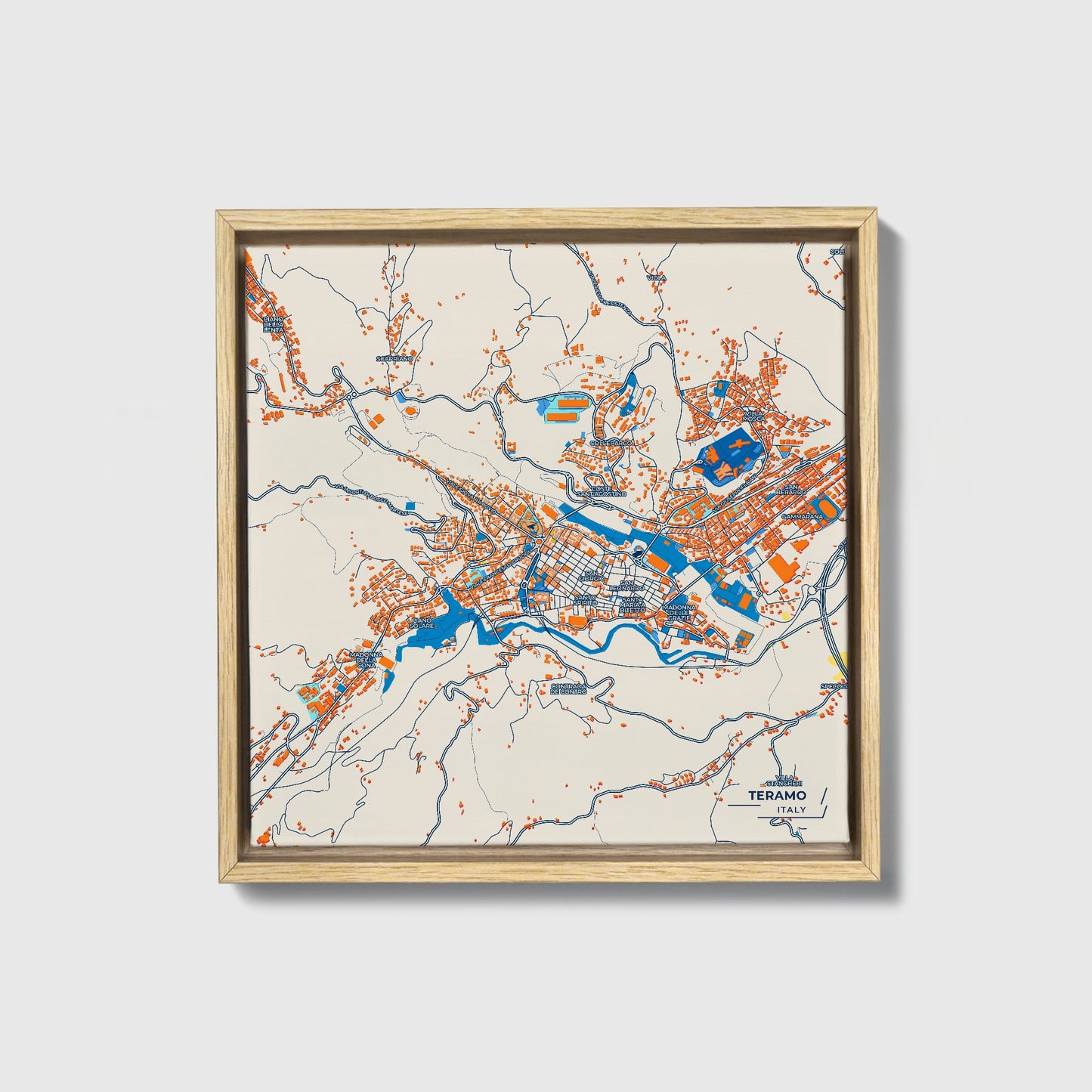 Teramo Italy Colorful City Map Canvas Print • Natural Wooden Framed