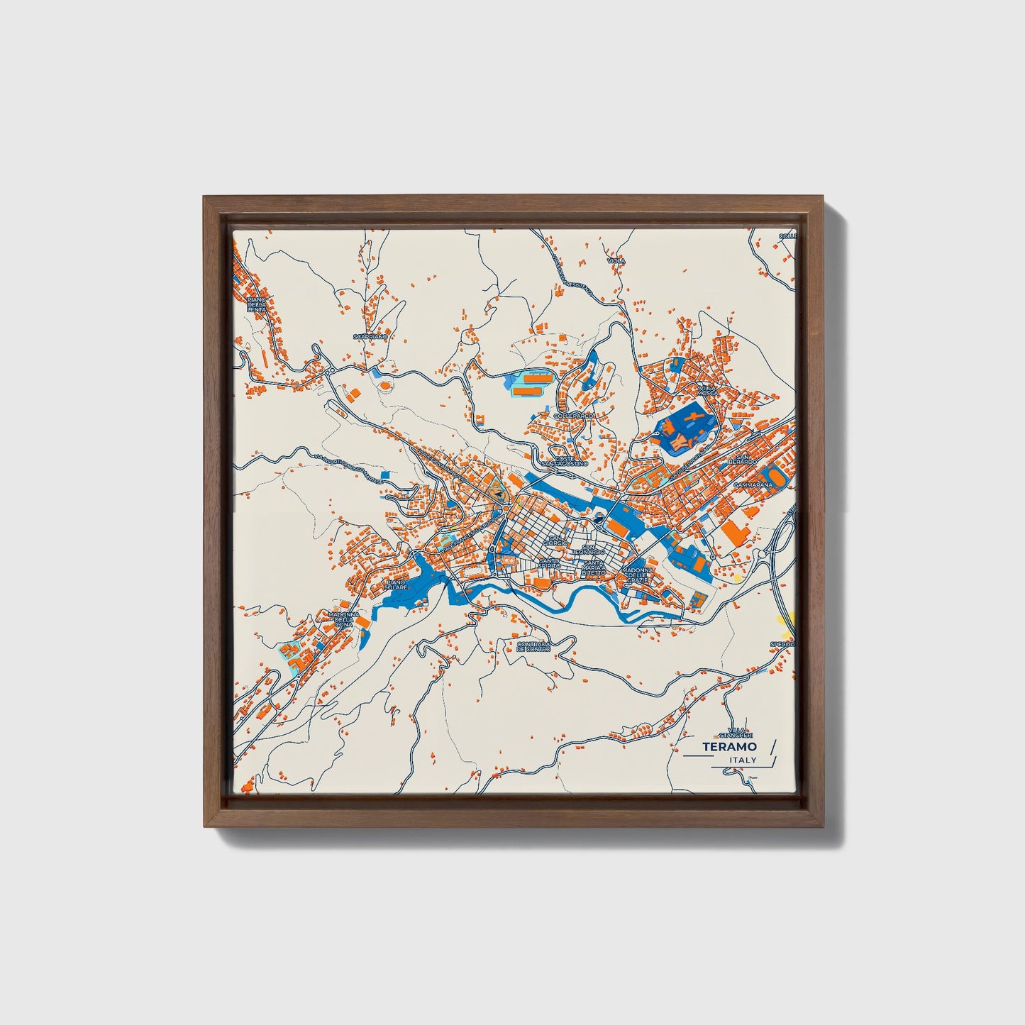 Teramo Italy Colorful City Map Canvas Print • Dark Wooden Framed