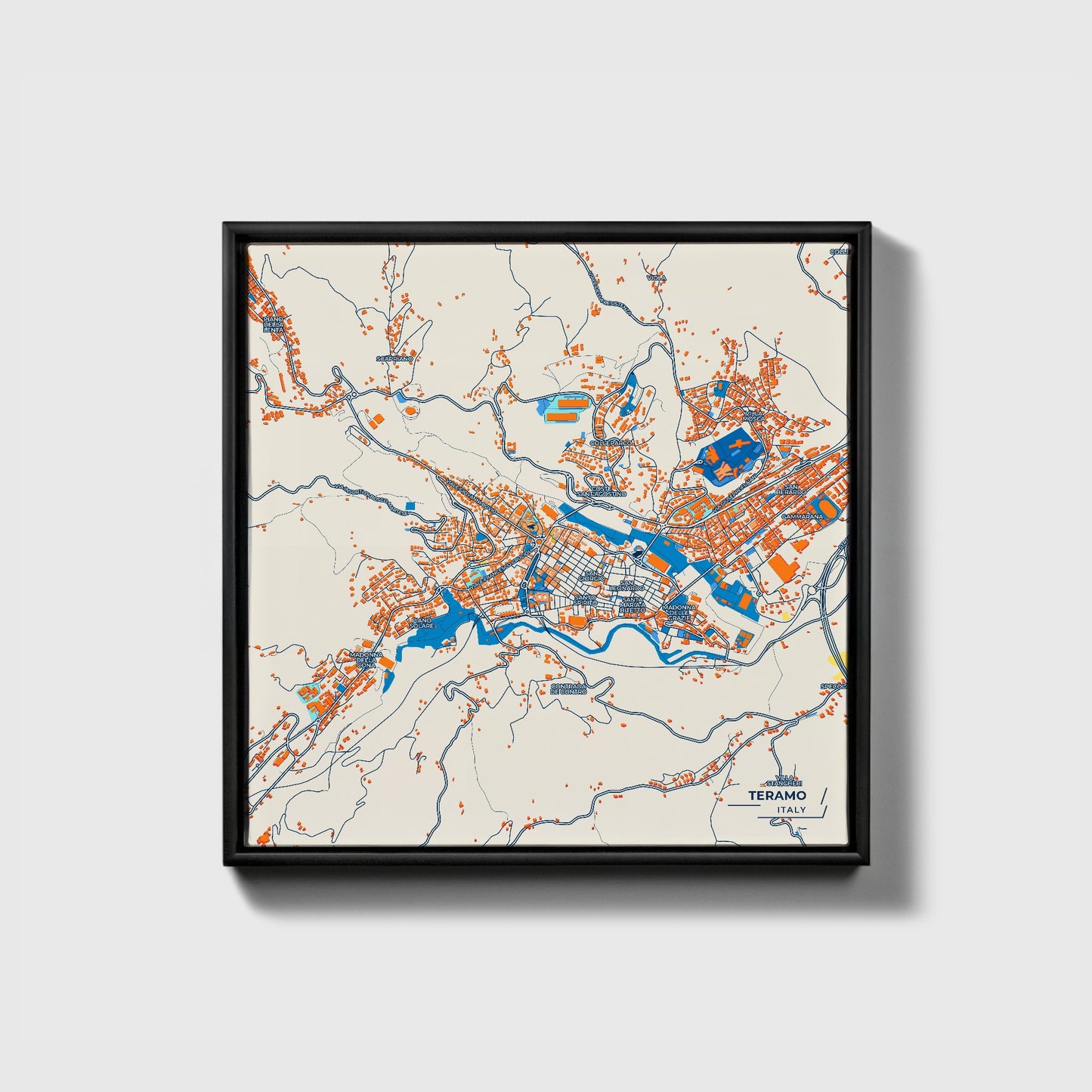 Teramo Italy Colorful City Map Canvas Print • Black Framed