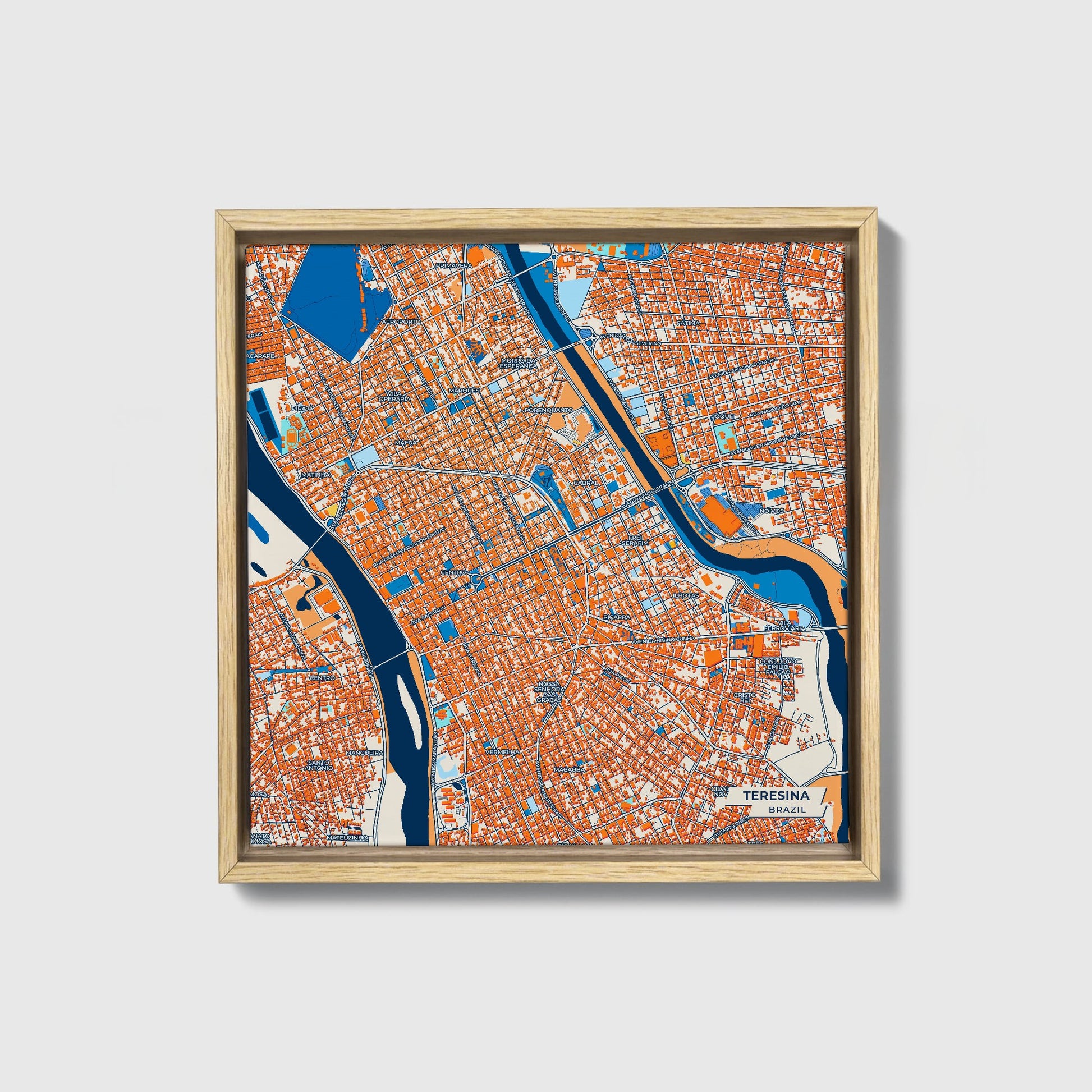 Teresina Brazil Colorful City Map Canvas Print • Natural Wooden Framed