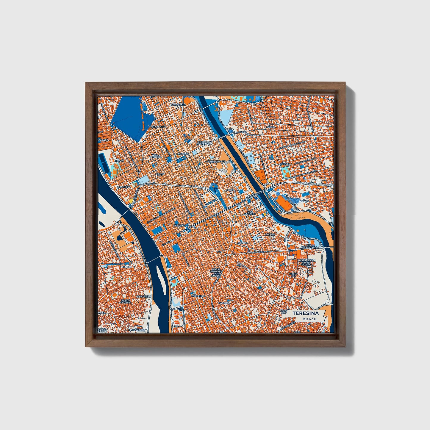 Teresina Brazil Colorful City Map Canvas Print • Dark Wooden Framed