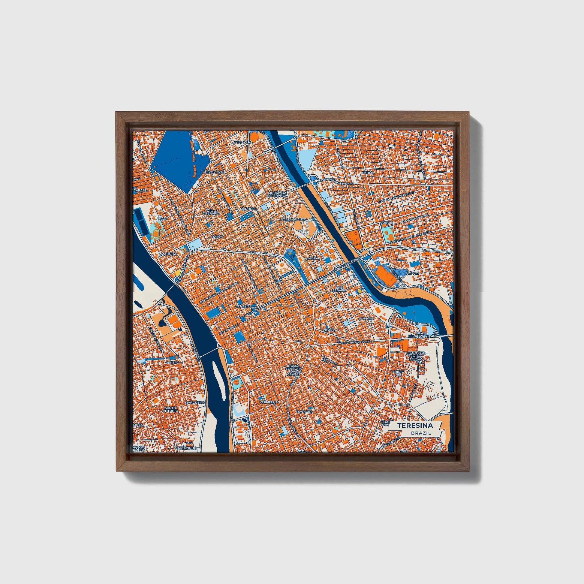 Teresina Brazil Colorful City Map Canvas Print • Dark Wooden Framed