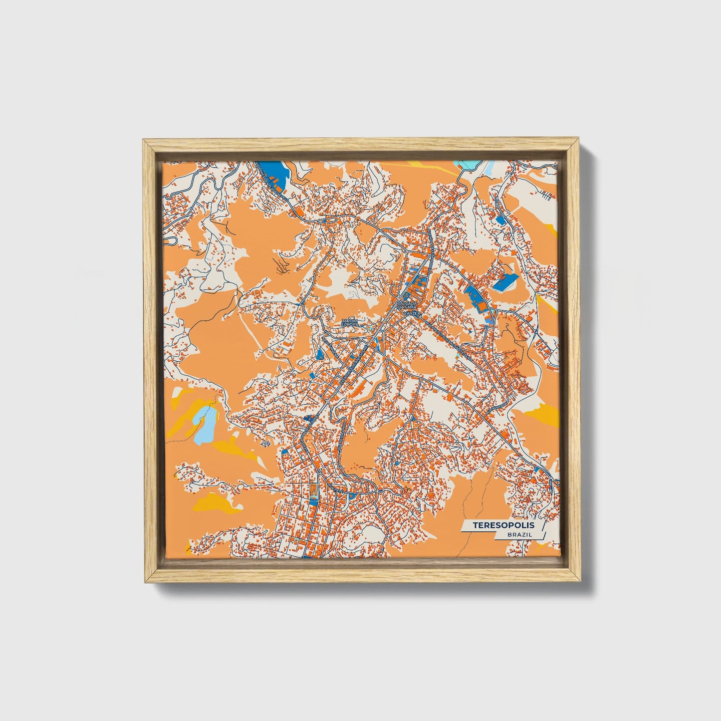 Teresopolis Brazil Colorful City Map Canvas Print • Natural Wooden Framed