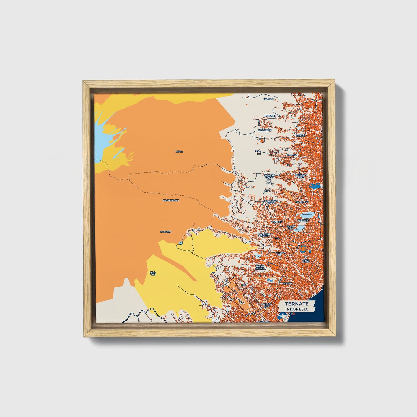 Ternate Indonesia Colorful City Map Canvas Print • Natural Wooden Framed