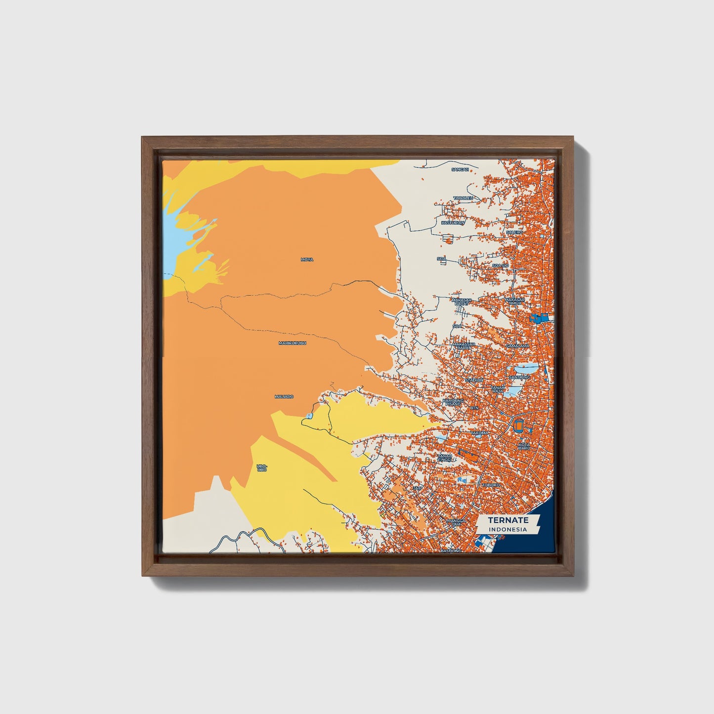 Ternate Indonesia Colorful City Map Canvas Print • Dark Wooden Framed