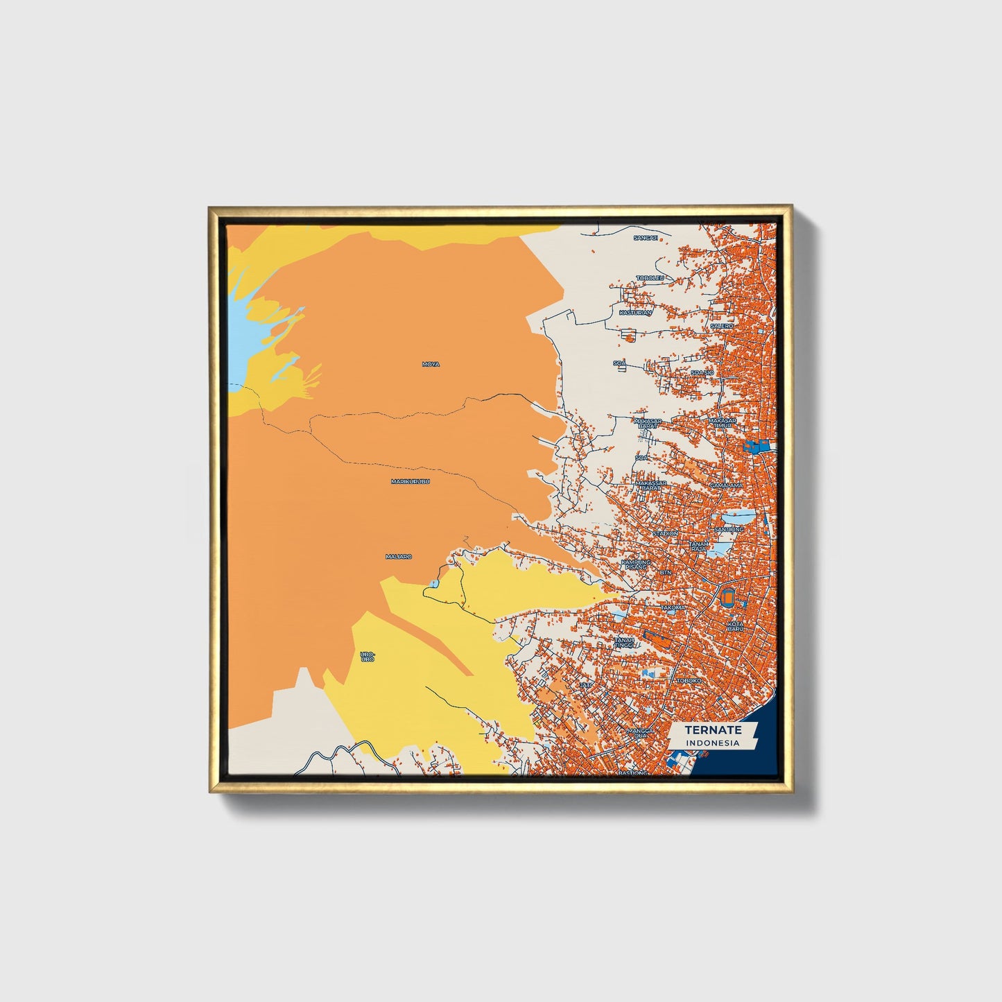 Ternate Indonesia Colorful City Map Canvas Print • Gold Framed