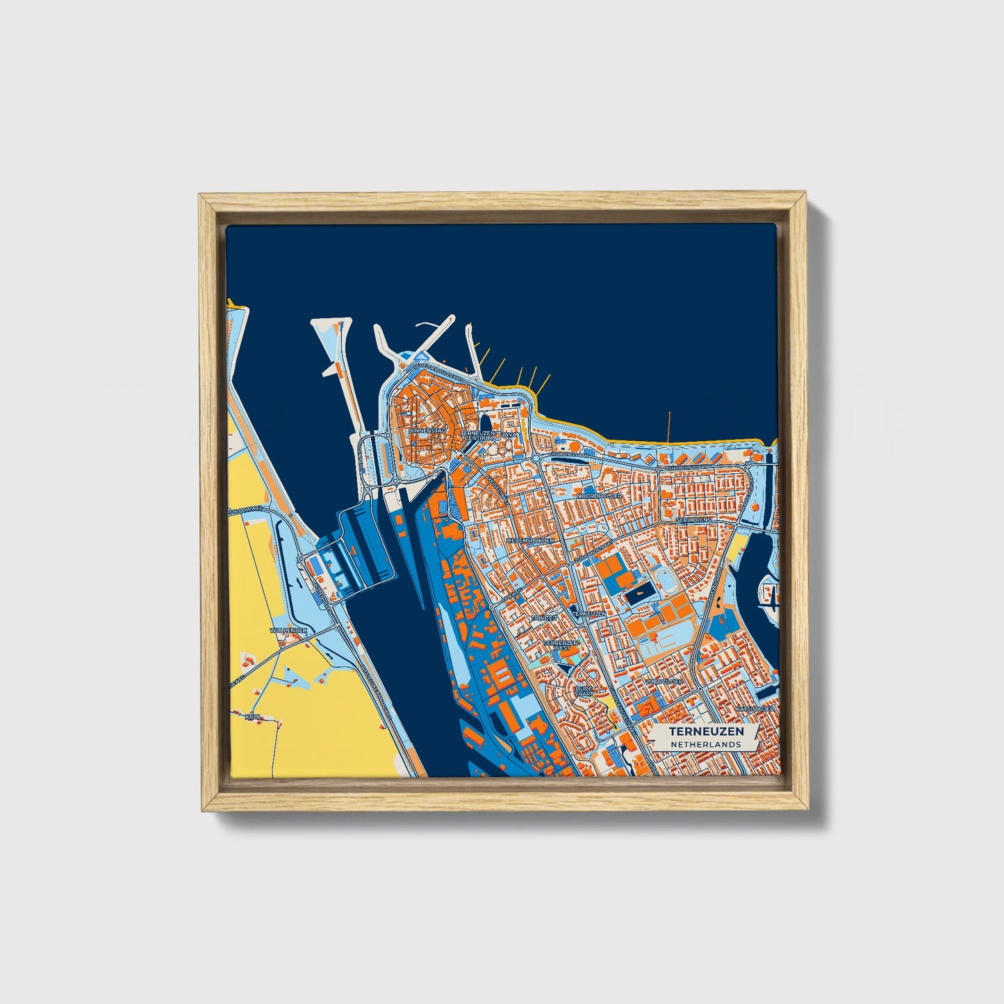 Terneuzen Netherlands Colorful City Map Canvas Print • Natural Wooden Framed