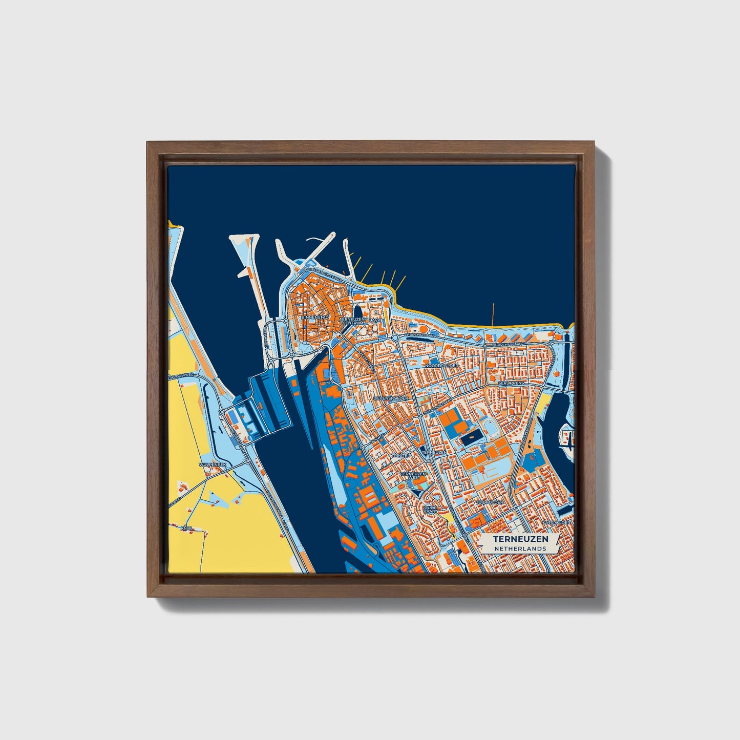 Terneuzen Netherlands Colorful City Map Canvas Print • Dark Wooden Framed