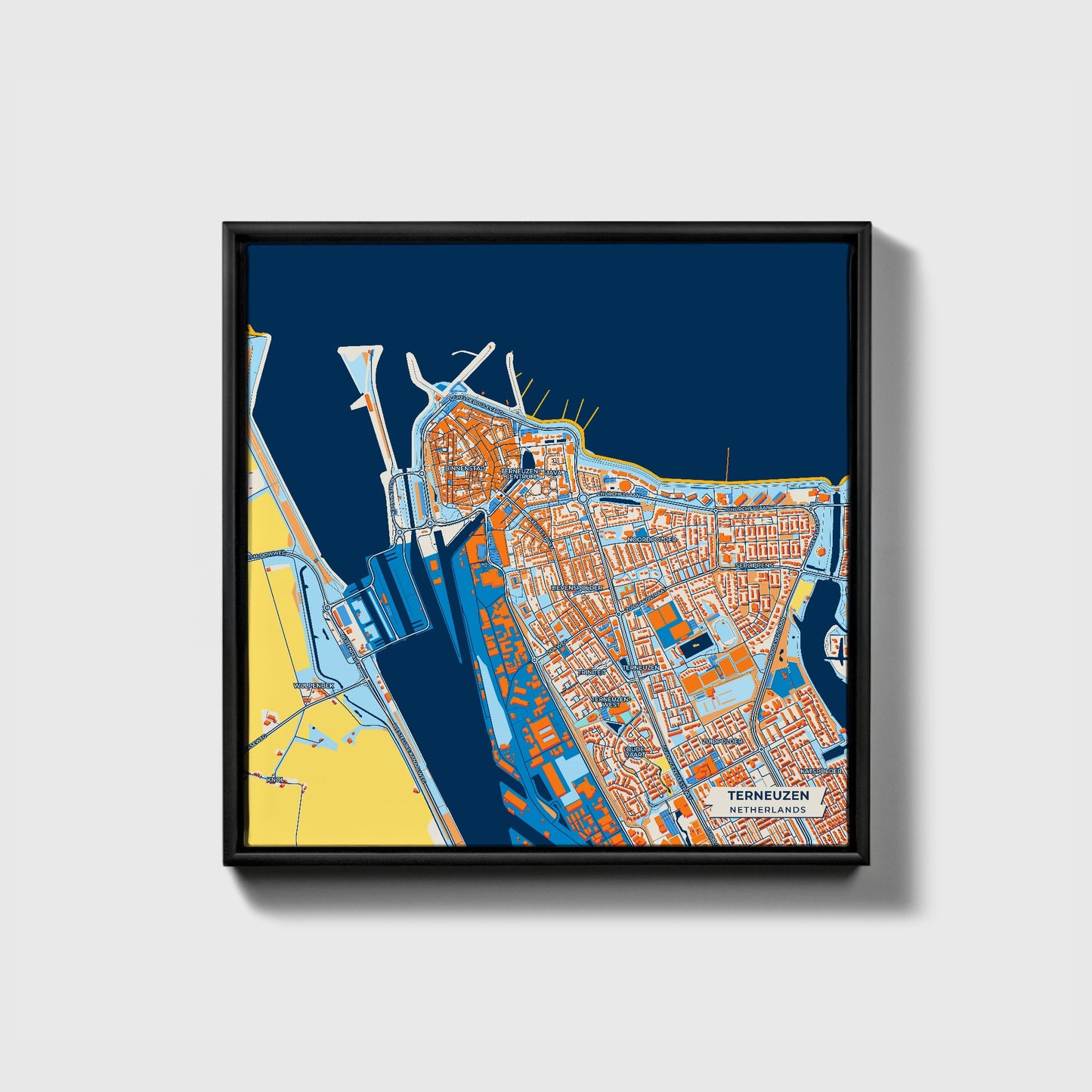 Terneuzen Netherlands Colorful City Map Canvas Print • Black Framed