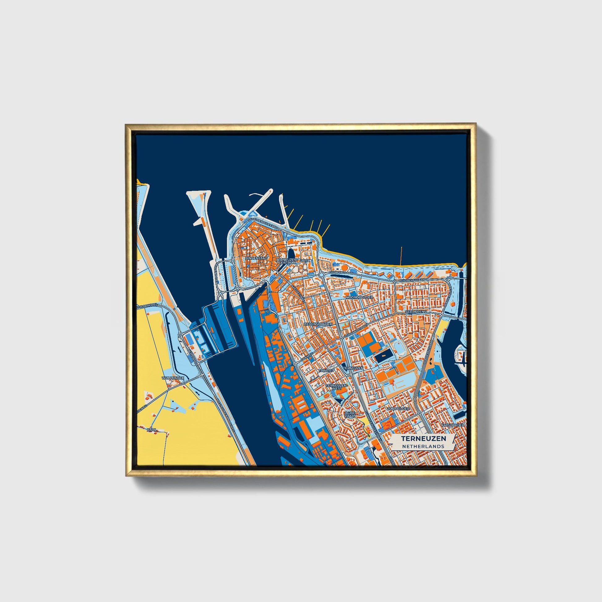 Terneuzen Netherlands Colorful City Map Canvas Print • Gold Framed
