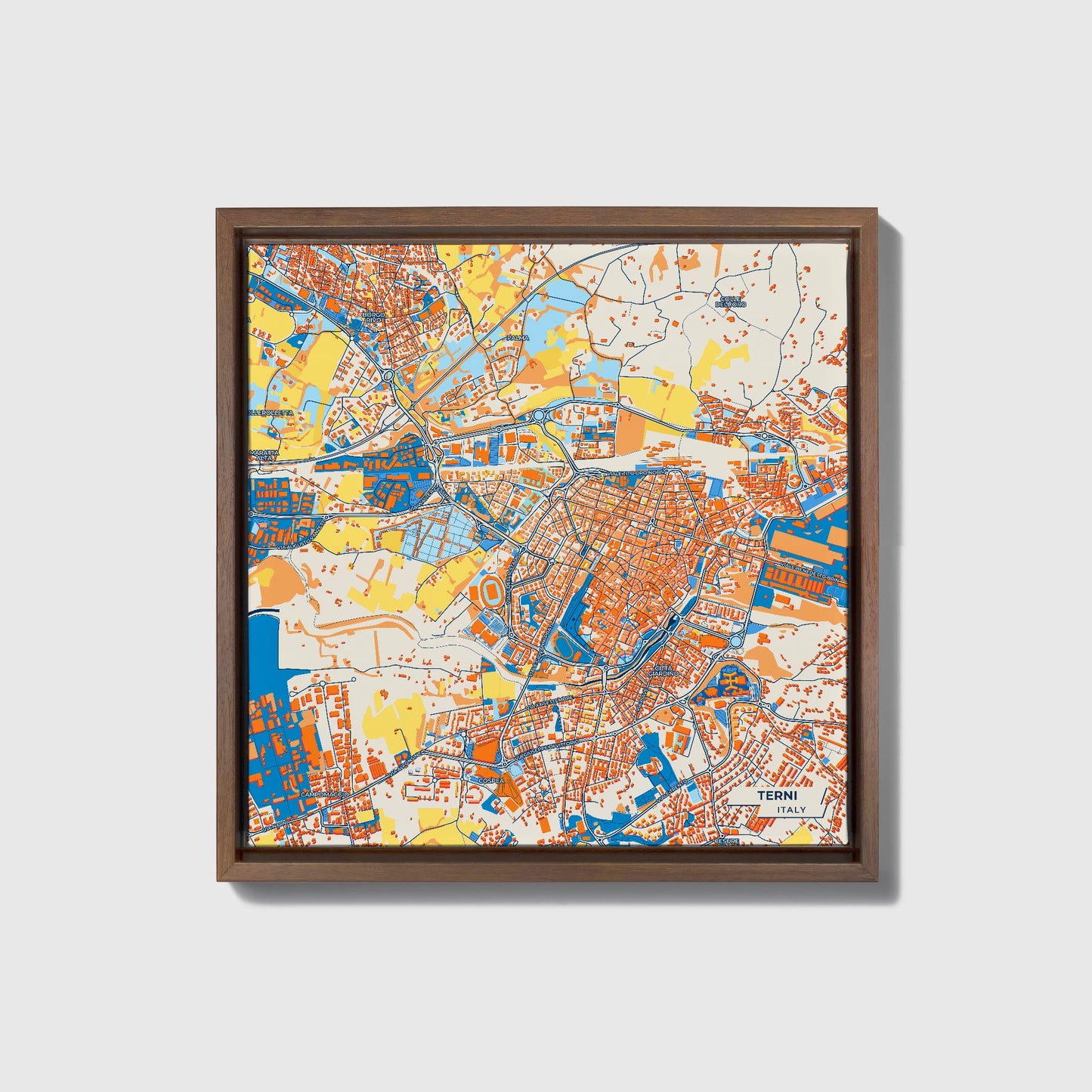 Terni Italy Colorful City Map Canvas Print • Dark Wooden Framed