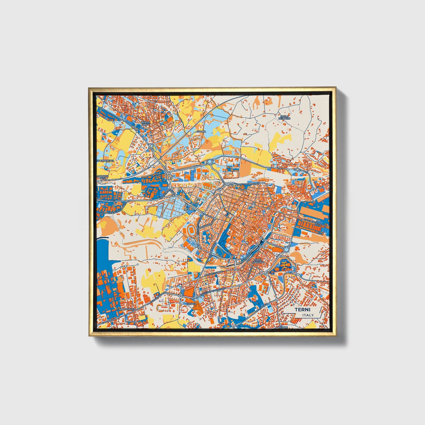 Terni Italy Colorful City Map Canvas Print • Gold Framed