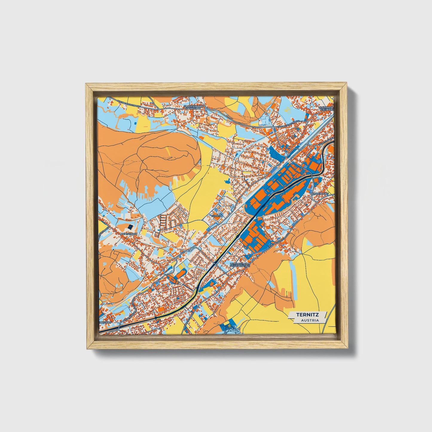 Ternitz Austria Colorful City Map Canvas Print • Natural Wooden Framed