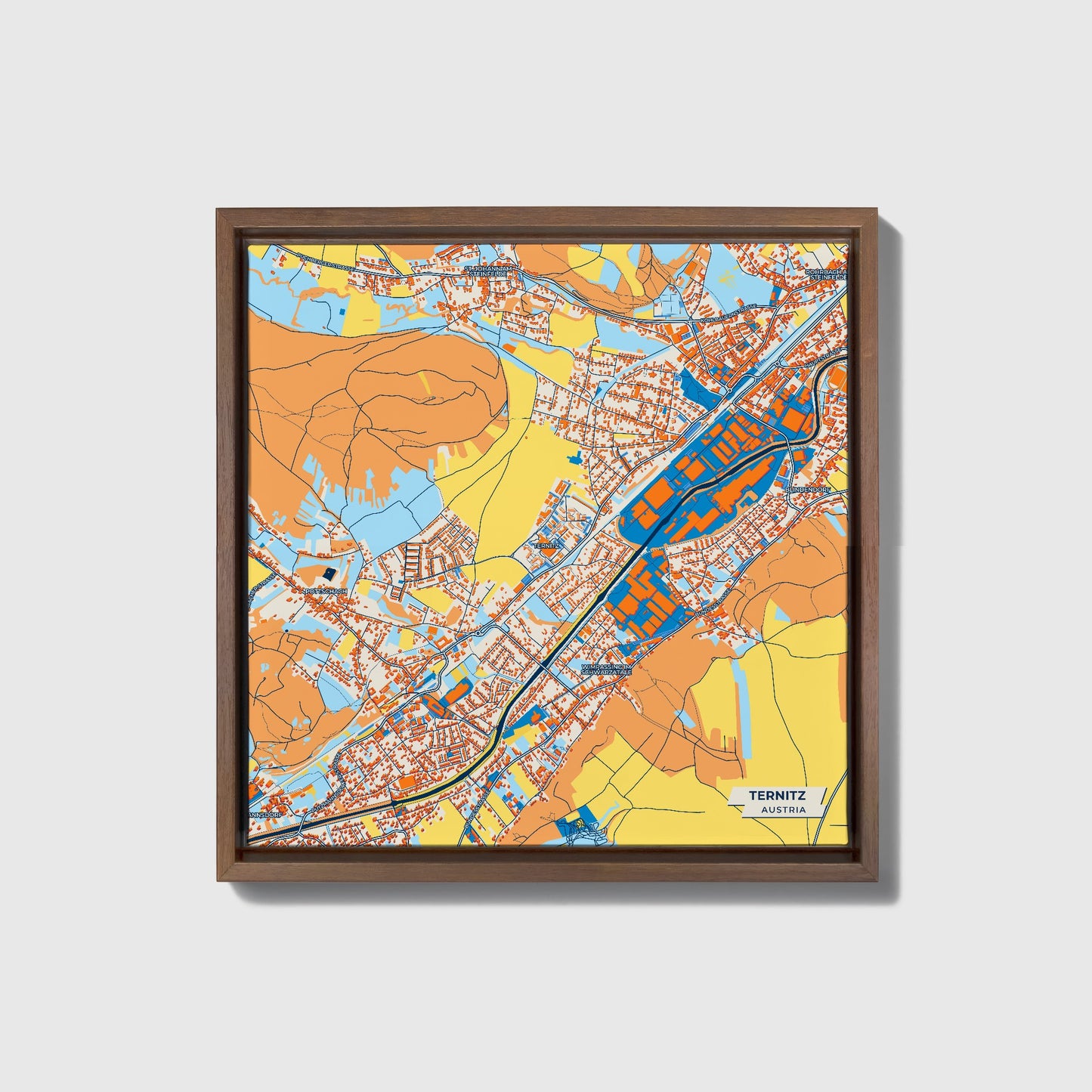 Ternitz Austria Colorful City Map Canvas Print • Dark Wooden Framed