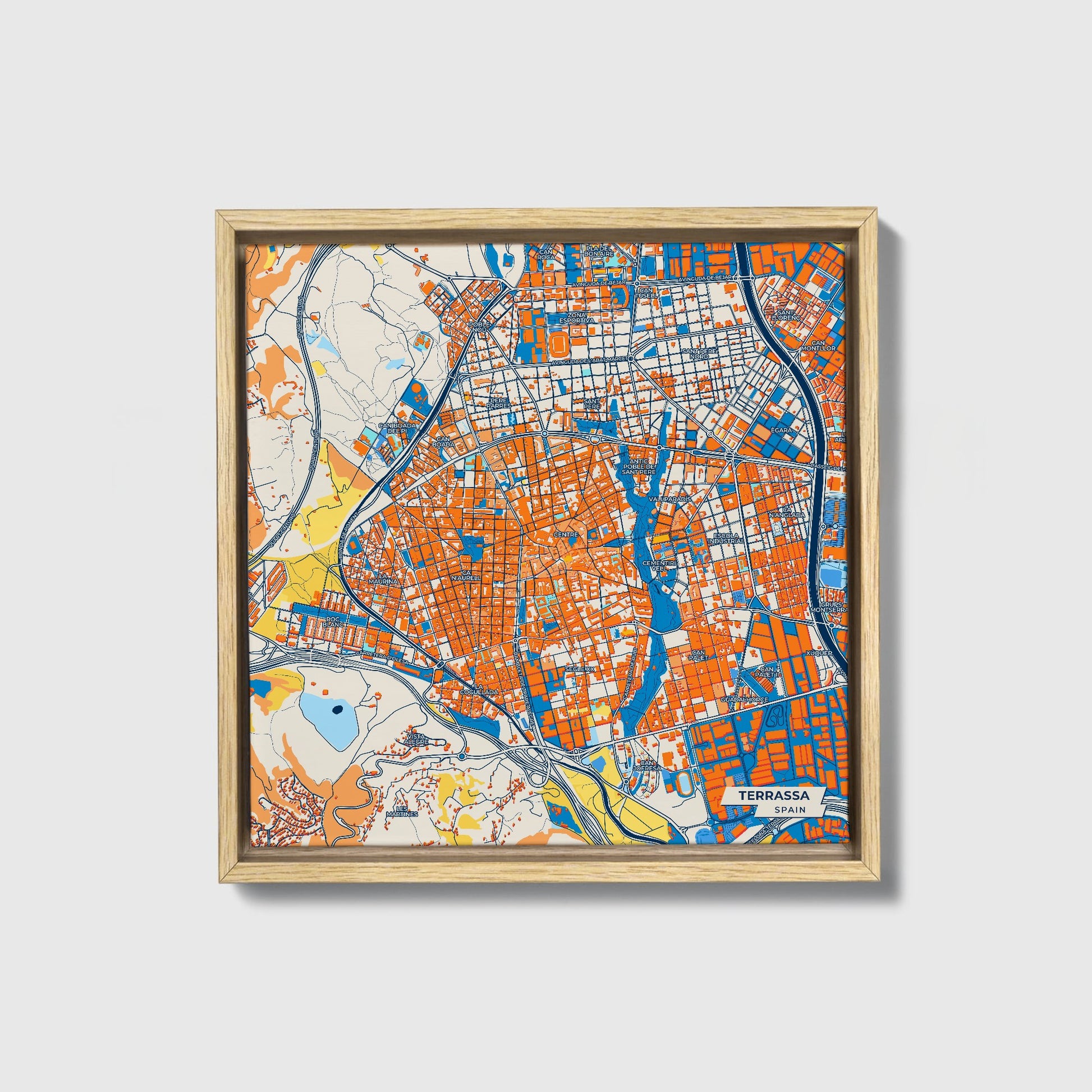 Terrassa Spain Colorful City Map Canvas Print • Natural Wooden Framed