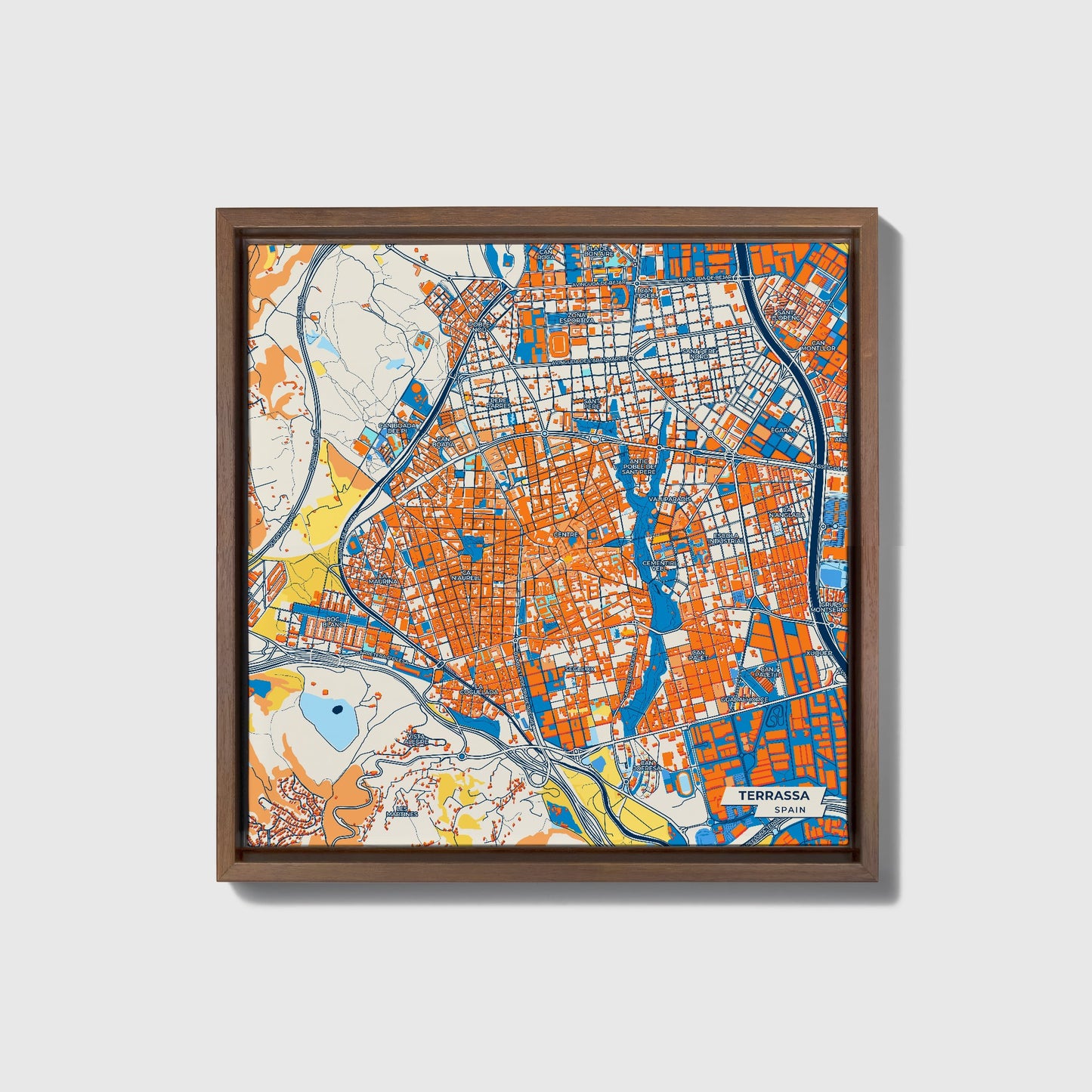 Terrassa Spain Colorful City Map Canvas Print • Dark Wooden Framed