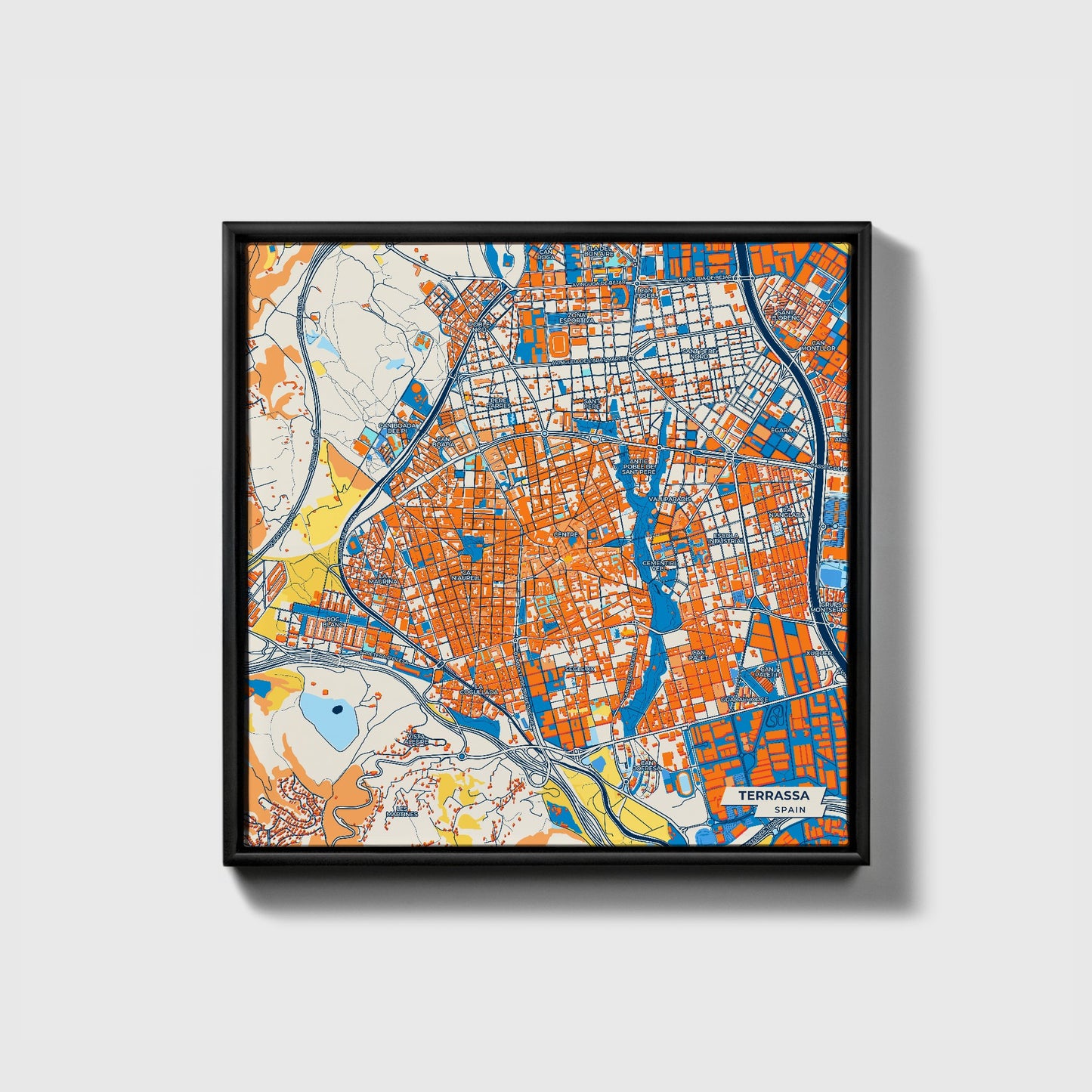 Terrassa Spain Colorful City Map Canvas Print • Black Framed