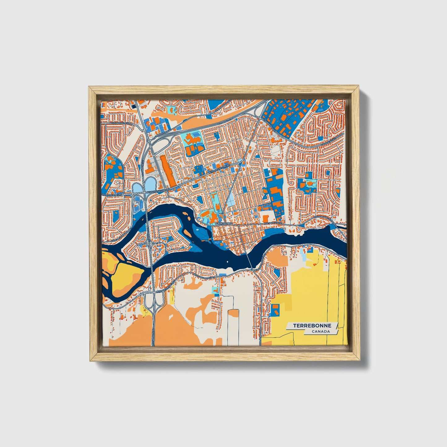 Terrebonne Canada Colorful City Map Canvas Print • Natural Wooden Framed