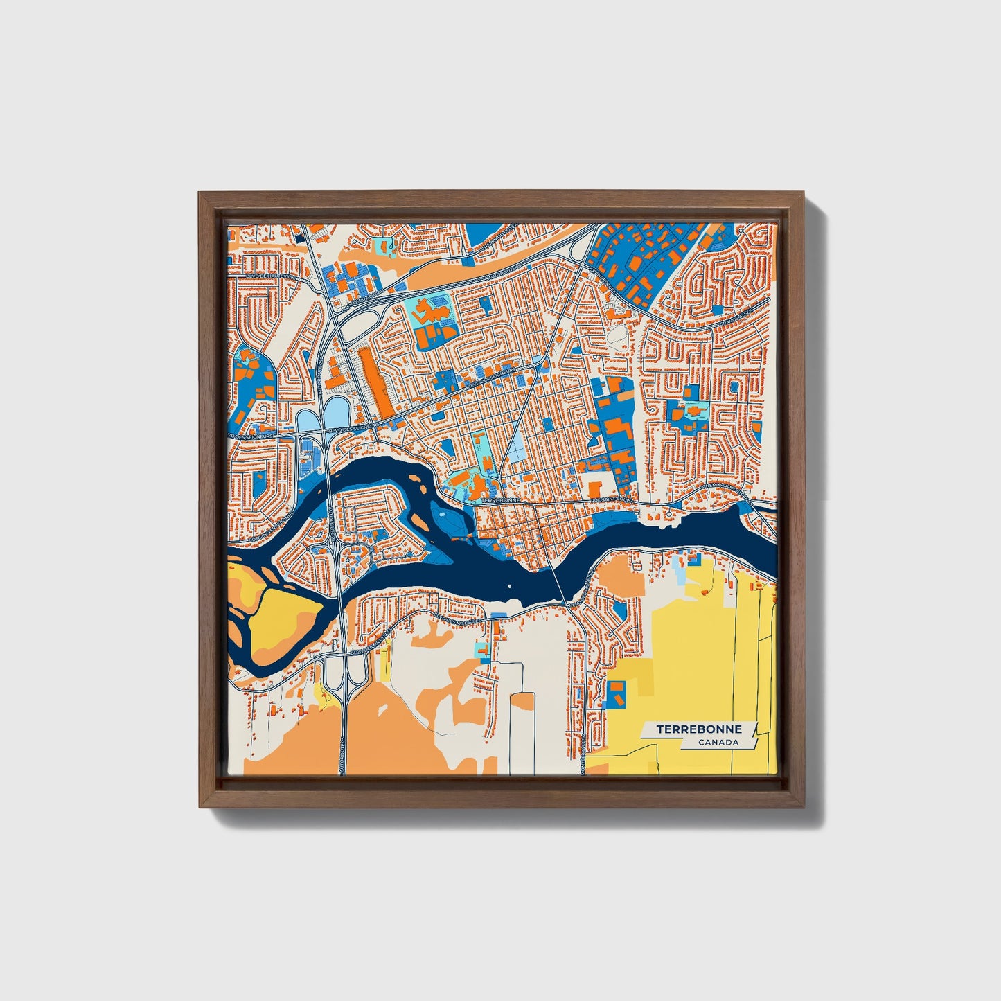 Terrebonne Canada Colorful City Map Canvas Print • Dark Wooden Framed